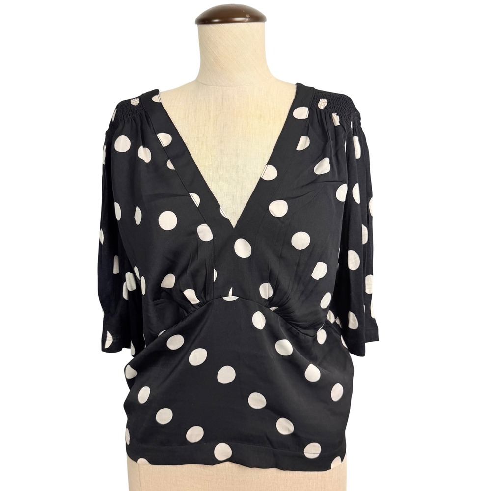 Anthropologie TINY Polka Dot Smocked Back V-Neck Blouse Black White‎ Large NWT